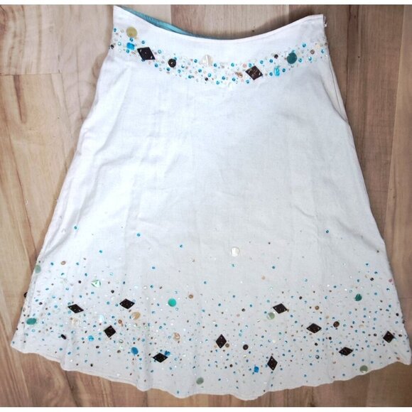 Basil & Maude 8 Linen Blend A-Line Side Zip Skirt Sequins Beads Boho - Picture 1 of 14